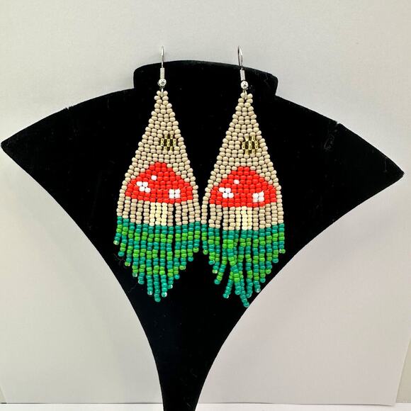Mushroom Beaded Earrings Fringe Dangle Statement Earrings Boho Hippie‎ Style - Picture 2 of 6